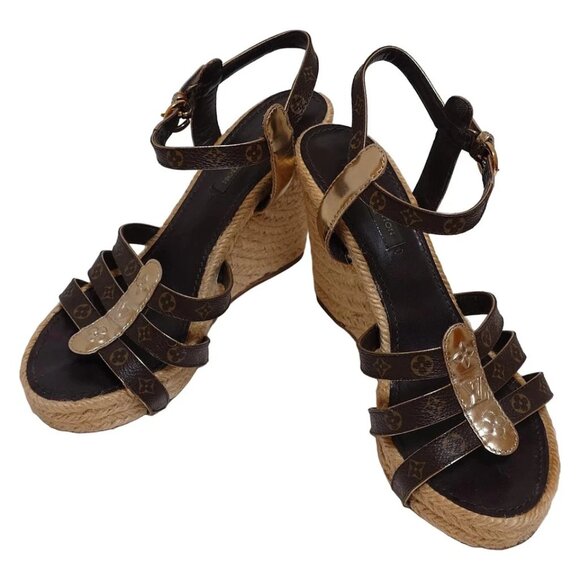 LOUIS VUITTON - Dark Brown Gold Beige Women's Sandals Leather 172-081625 - Picture 2 of 6